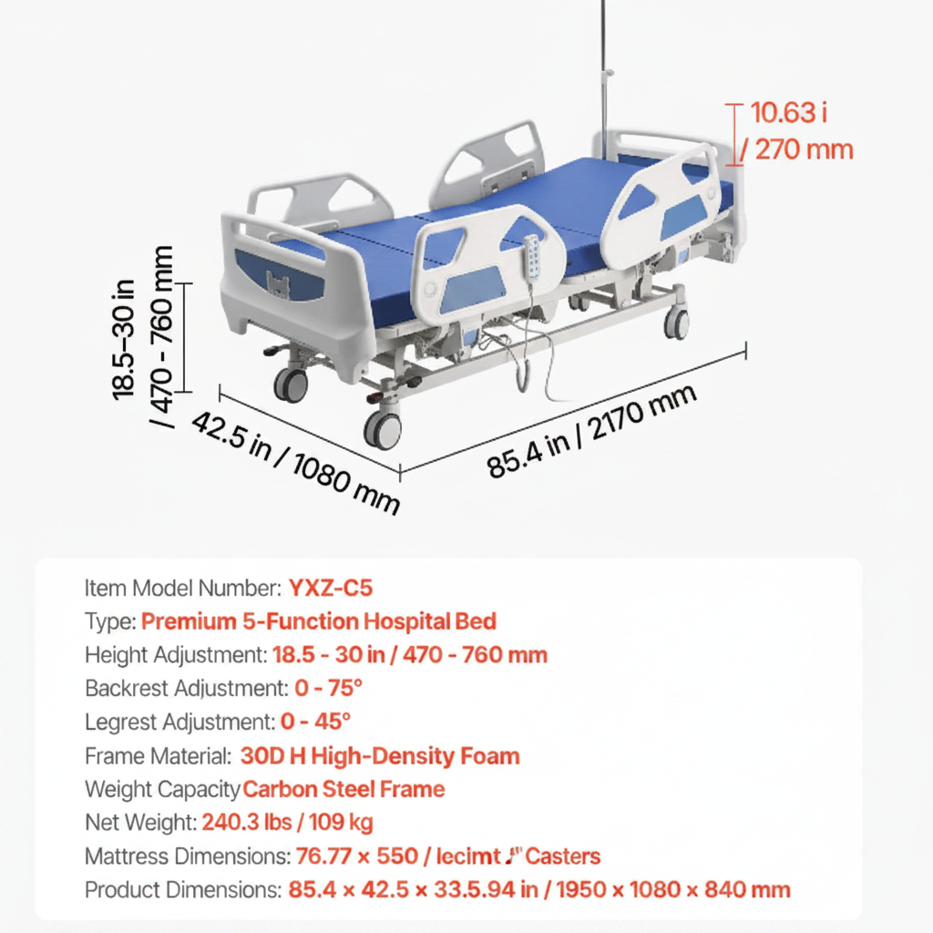 Uimoso Electric Hospital Bed with 5 Adjustable Functions and Locking System