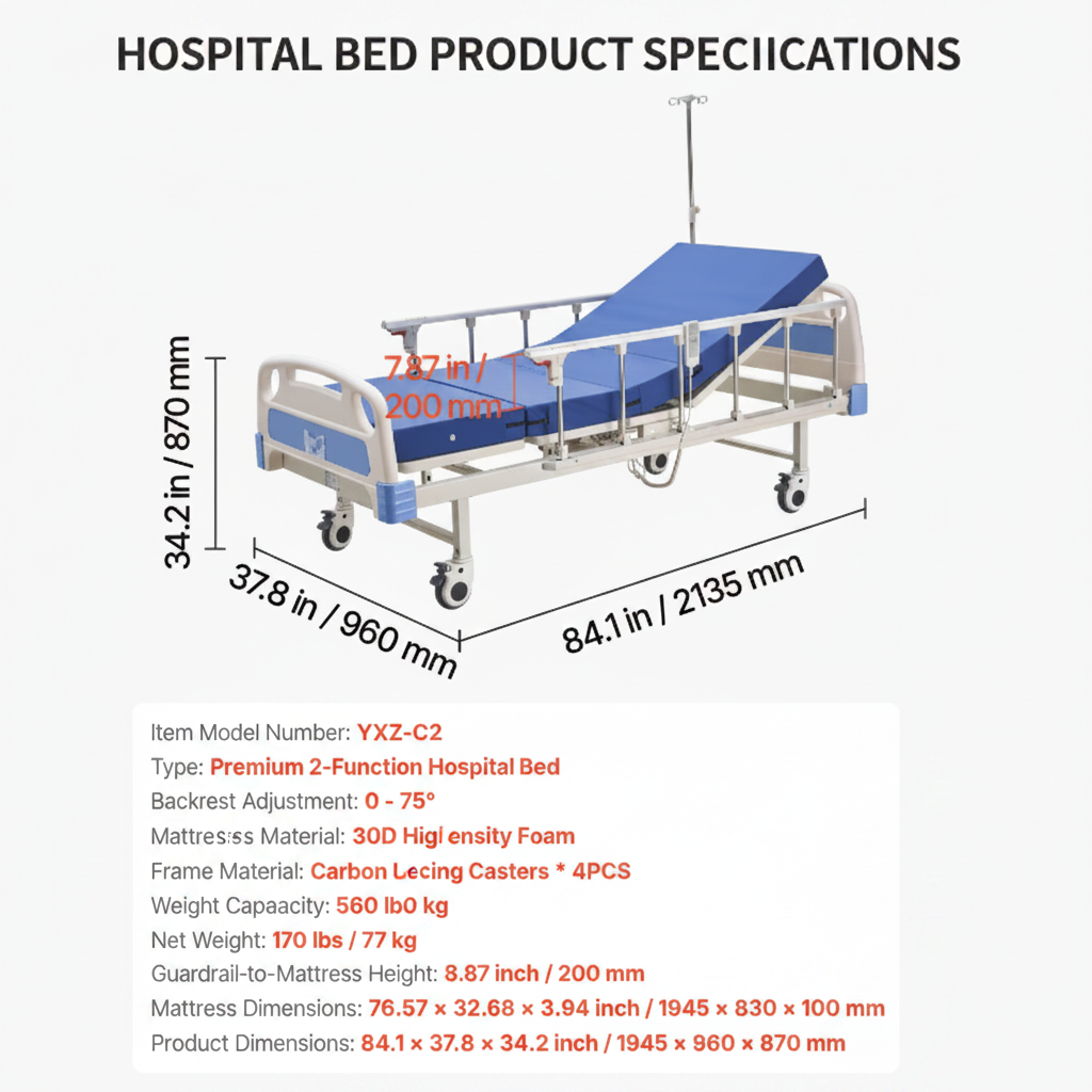 Uimoso Electric Adjustable Hospital Bed with Mattress, 2 Functional Modes