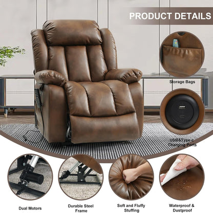 Dual Motor Power Lift Recliner Chair for Elderly, Infinite Position Lay Flat Lift Chair with Massage and Heat, USB Ports, Leather (Ochre)