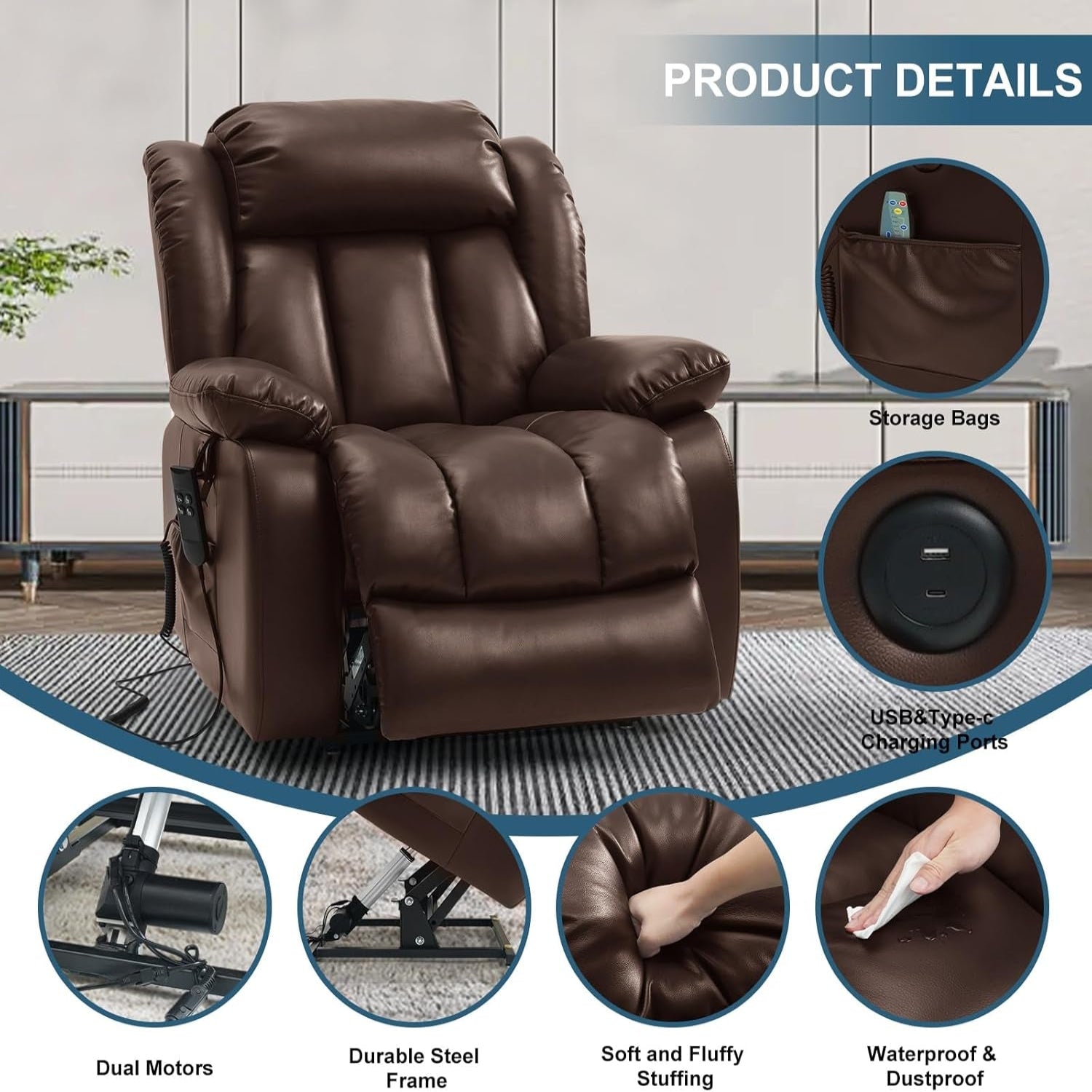 Dual Motor Power Lift Recliner Chair for Elderly, Infinite Position Lay Flat Lift Chair with Massage and Heat, USB Ports, Leather (Brown)