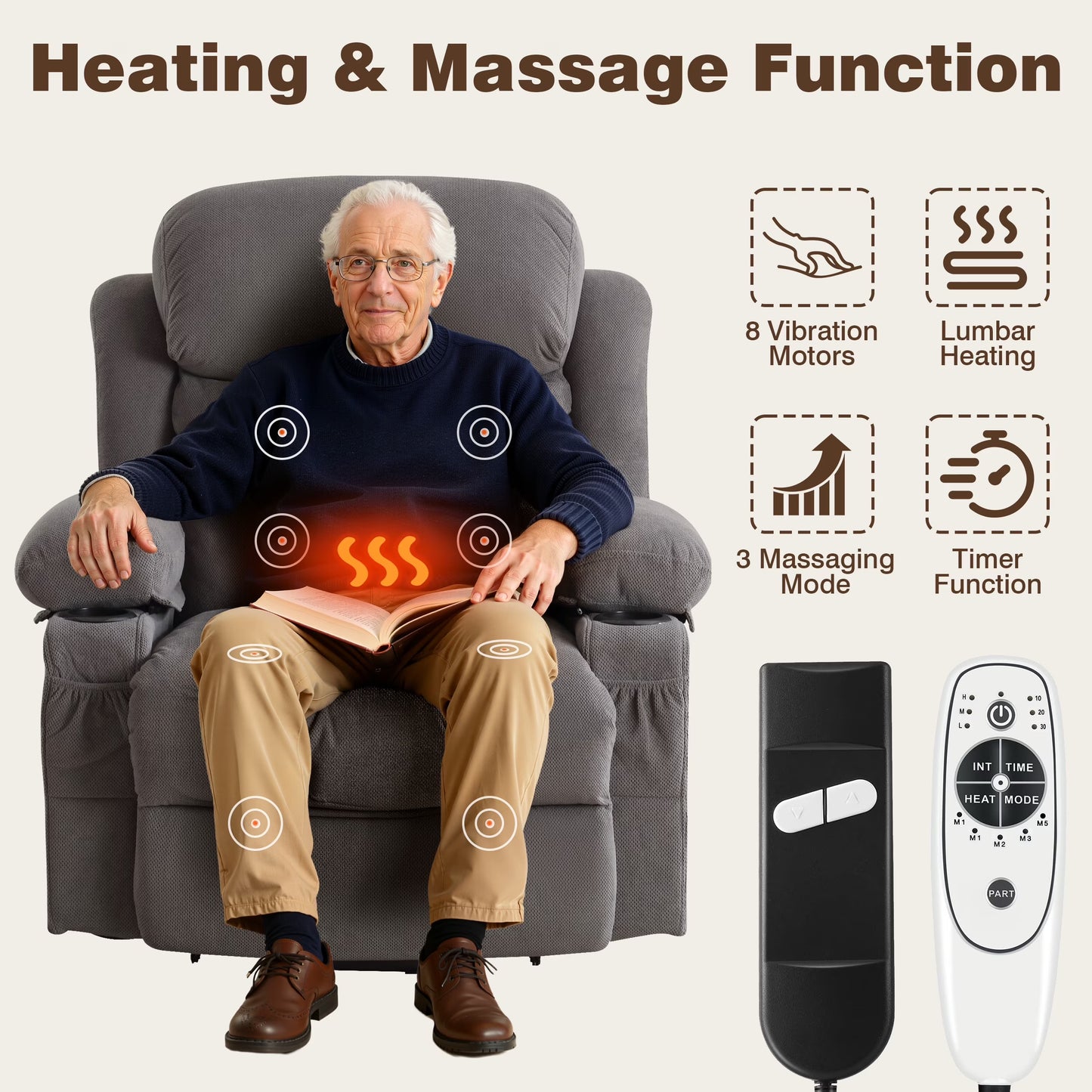 Lift Chair for Elderly, Power Lift Recliner Chair with Heat and Massage, 24.5" Oversized Massage Recliner for Living Room with Remote Control, Cup Holders, Easy Stand, 350Lbs Capacity, Gray