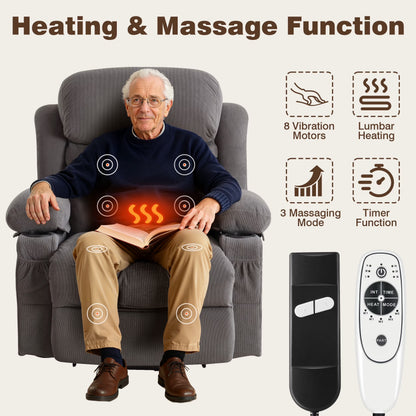 Lift Chair for Elderly, Power Lift Recliner Chair with Heat and Massage, 24.5" Oversized Massage Recliner for Living Room with Remote Control, Cup Holders, Easy Stand, 350Lbs Capacity, Gray