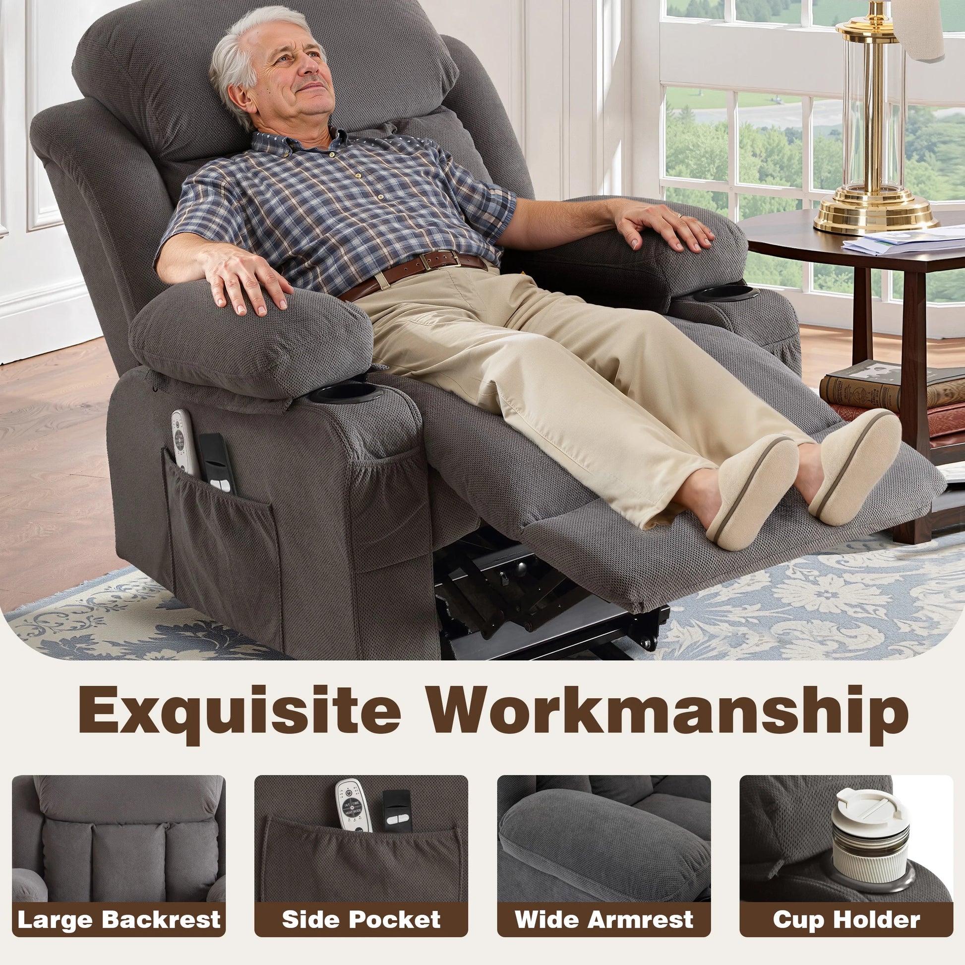 Lift Chair for Elderly, Power Lift Recliner Chair with Heat and Massage, 24.5" Oversized Massage Recliner for Living Room with Remote Control, Cup Holders, Easy Stand, 350Lbs Capacity, Gray