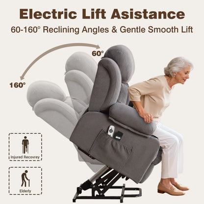 Lift Chair for Elderly, Power Lift Recliner Chair with Heat and Massage, 24.5" Oversized Massage Recliner for Living Room with Remote Control, Cup Holders, Easy Stand, 350Lbs Capacity, Gray
