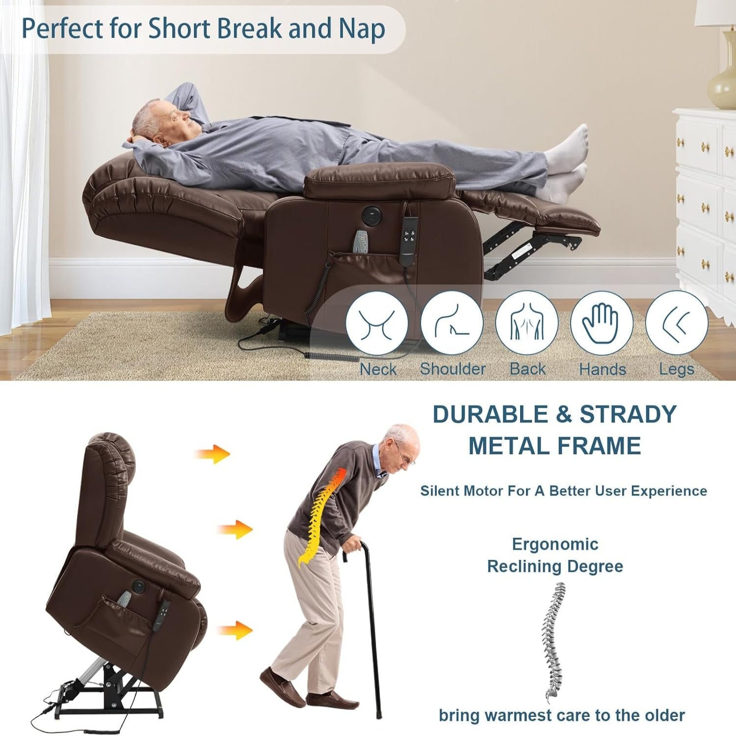 Dual Motor Power Lift Recliner Chair for Elderly, Infinite Position Lay Flat Lift Chair with Massage and Heat, USB Ports, Leather (Brown)
