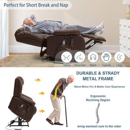 Dual Motor Power Lift Recliner Chair for Elderly, Infinite Position Lay Flat Lift Chair with Massage and Heat, USB Ports, Leather (Brown)