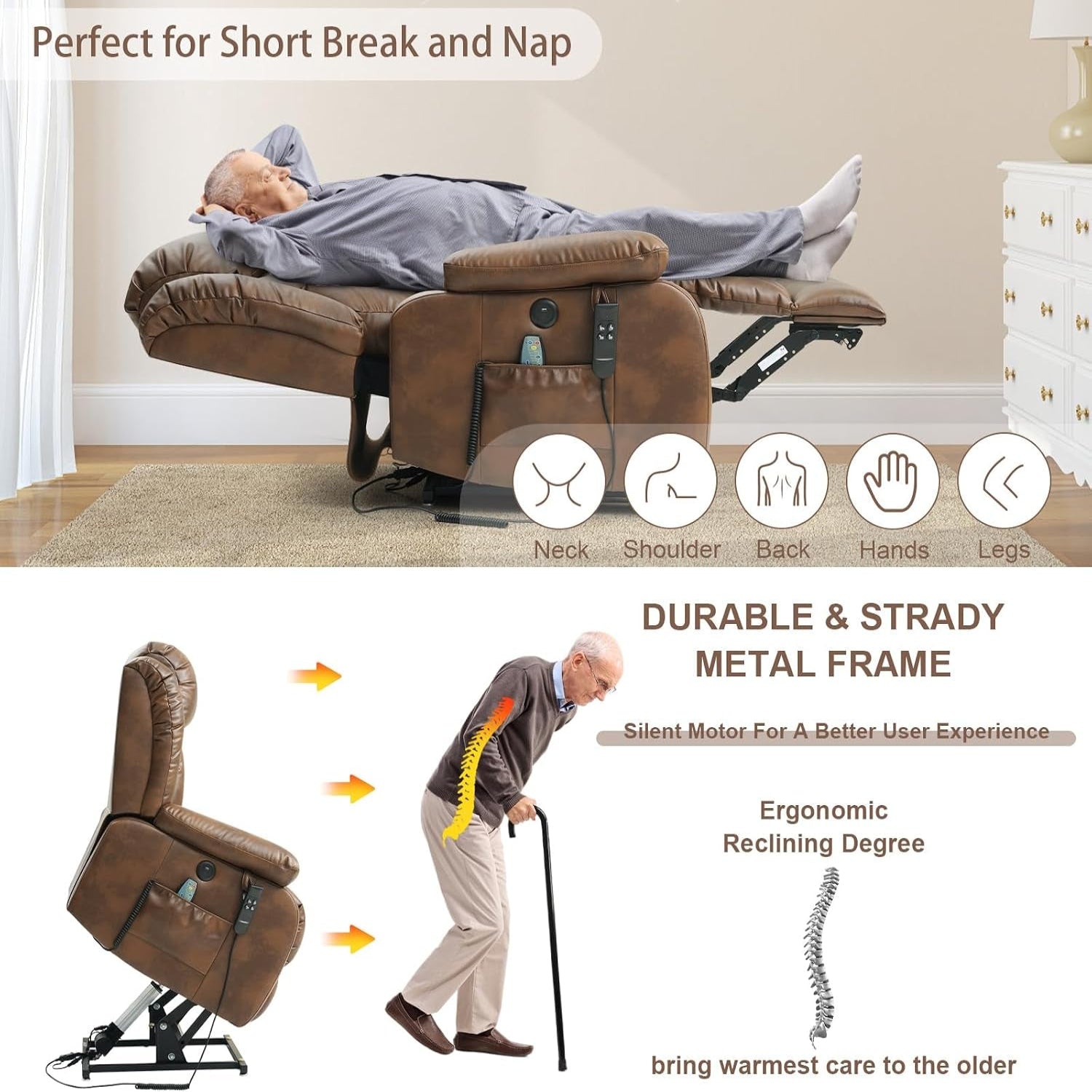 Dual Motor Power Lift Recliner Chair for Elderly, Infinite Position Lay Flat Lift Chair with Massage and Heat, USB Ports, Leather (Ochre)