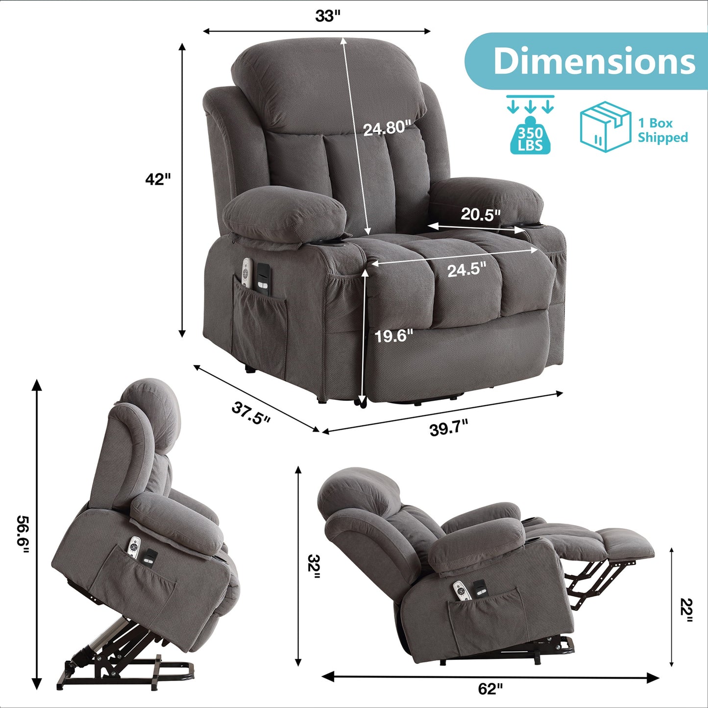 Lift Chair for Elderly, Power Lift Recliner Chair with Heat and Massage, 24.5" Oversized Massage Recliner for Living Room with Remote Control, Cup Holders, Easy Stand, 350Lbs Capacity, Gray