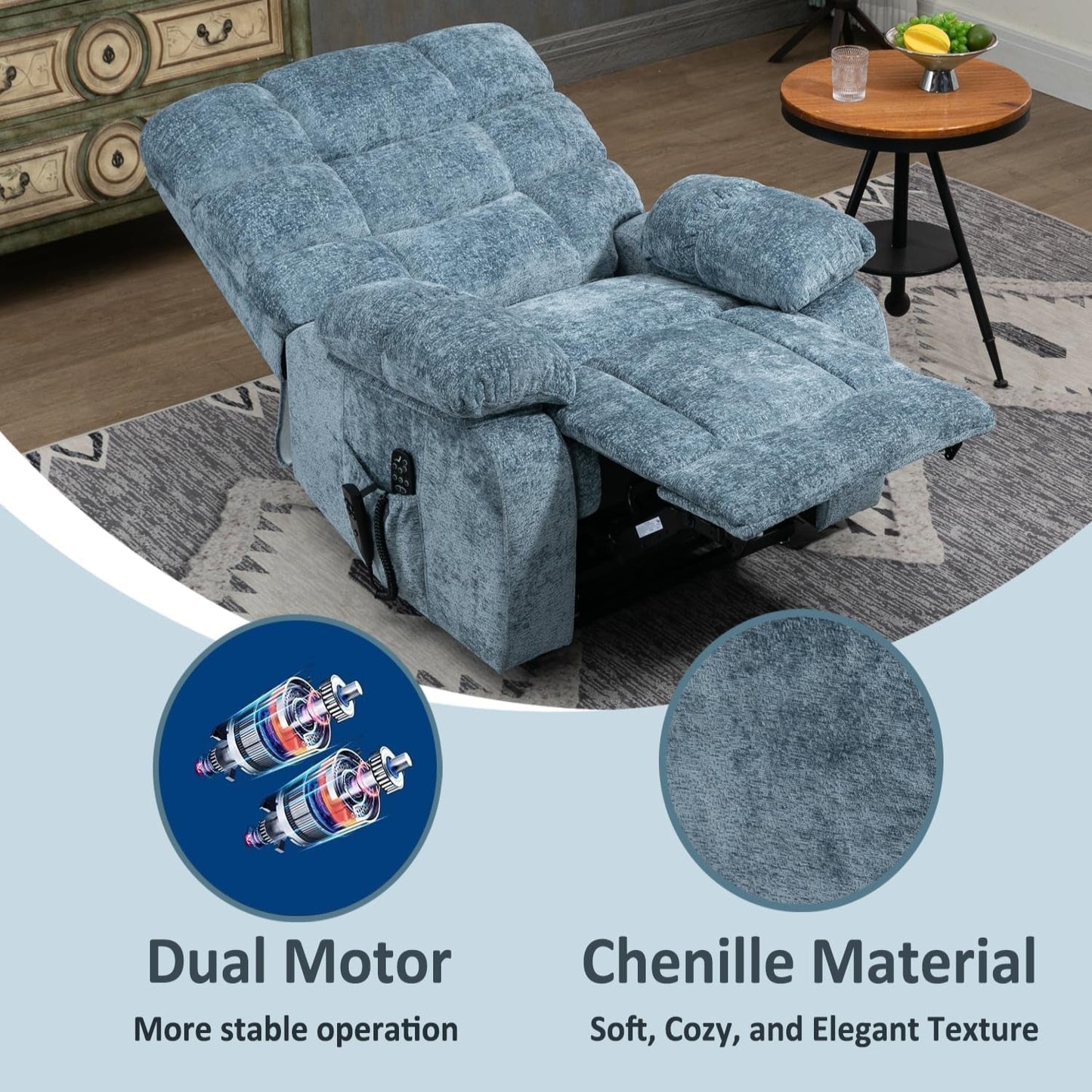 Oversized Power Lift Recliner Chair for Elderly, Dual Motor Lay Flat Recliner Big Chair with Massage and Heating, Chenille Electric Recliner Chairs for Living Room, Medium-Firm, Blue