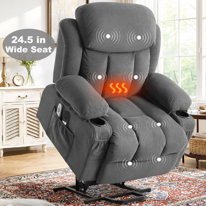Lift Chair for Elderly, Power Lift Recliner Chair with Heat and Massage, 24.5" Oversized Massage Recliner for Living Room with Remote Control, Cup Holders, Easy Stand, 350Lbs Capacity, Gray
