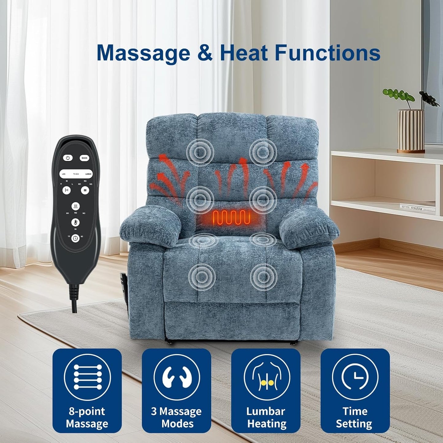 Oversized Power Lift Recliner Chair for Elderly, Dual Motor Lay Flat Recliner Big Chair with Massage and Heating, Chenille Electric Recliner Chairs for Living Room, Medium-Firm, Blue