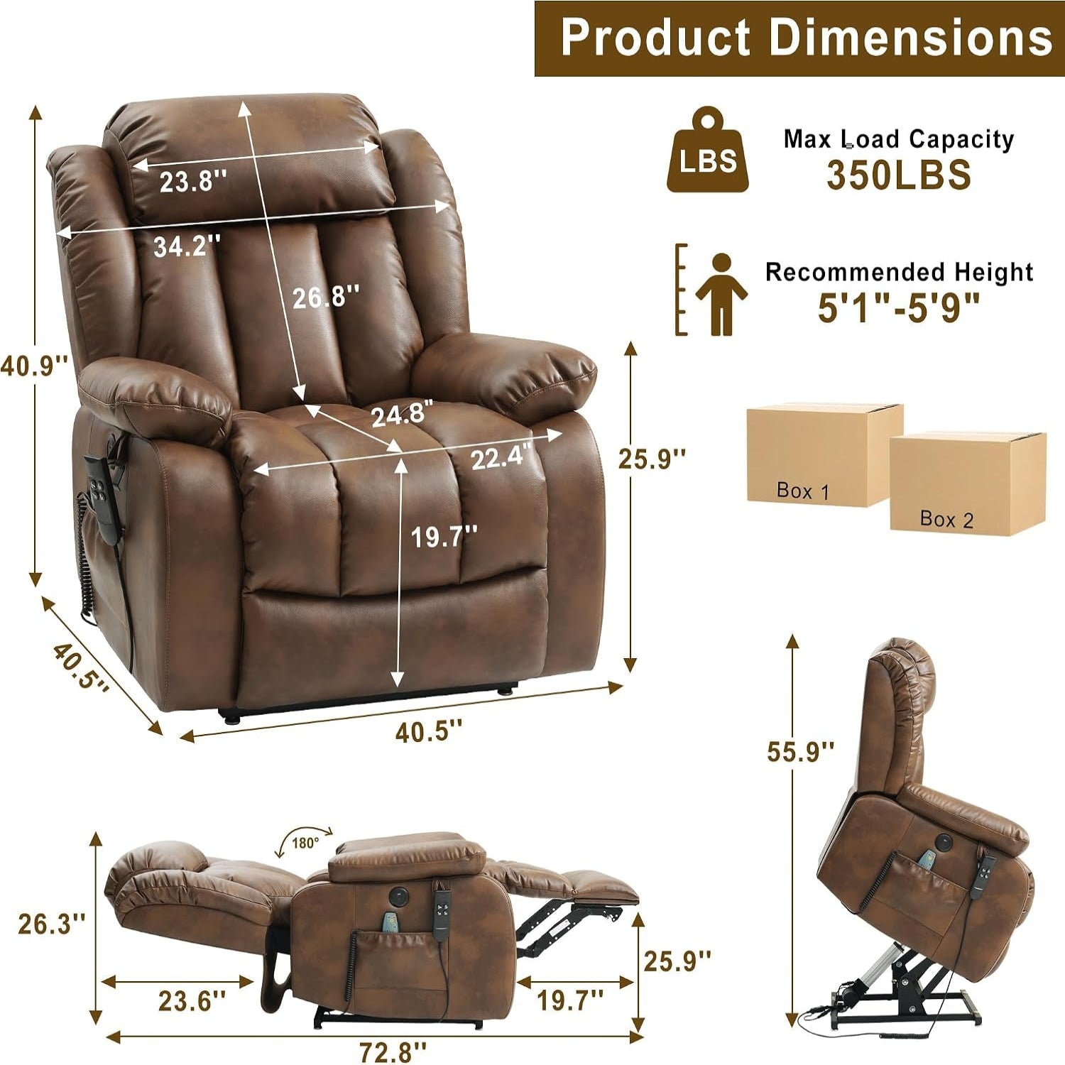 Dual Motor Power Lift Recliner Chair for Elderly, Infinite Position Lay Flat Lift Chair with Massage and Heat, USB Ports, Leather (Ochre)