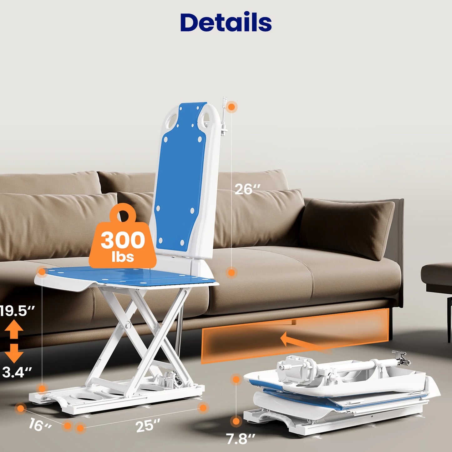 Electric Chair Lift for Elderly, IP68 Waterproof Bath Lift Chair, 300 LBS Fall Assist Devices to Lift Seniors from Floor, Lifts to 20"