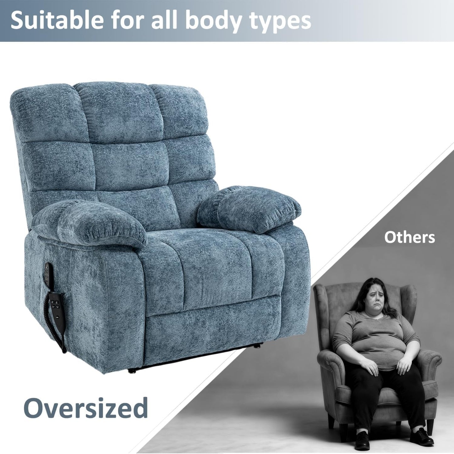 Oversized Power Lift Recliner Chair for Elderly, Dual Motor Lay Flat Recliner Big Chair with Massage and Heating, Chenille Electric Recliner Chairs for Living Room, Medium-Firm, Blue