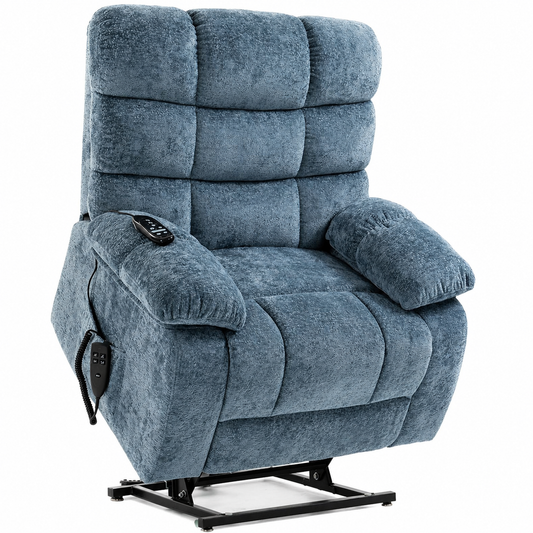 Oversized Power Lift Recliner Chair for Elderly, Dual Motor Lay Flat Recliner Big Chair with Massage and Heating, Chenille Electric Recliner Chairs for Living Room, Medium-Firm, Blue