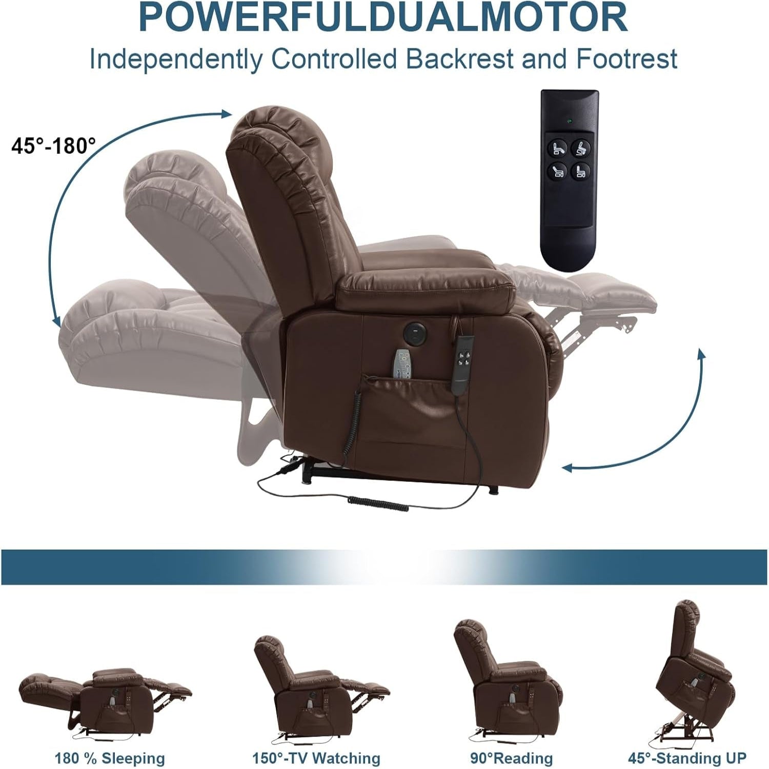 Dual Motor Power Lift Recliner Chair for Elderly, Infinite Position Lay Flat Lift Chair with Massage and Heat, USB Ports, Leather (Brown)