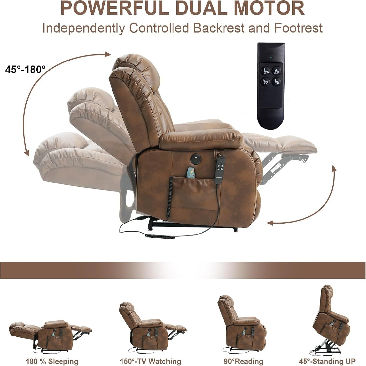 Dual Motor Power Lift Recliner Chair for Elderly, Infinite Position Lay Flat Lift Chair with Massage and Heat, USB Ports, Leather (Ochre)
