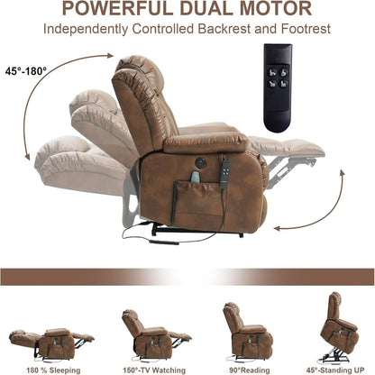 Dual Motor Power Lift Recliner Chair for Elderly, Infinite Position Lay Flat Lift Chair with Massage and Heat, USB Ports, Leather (Ochre)