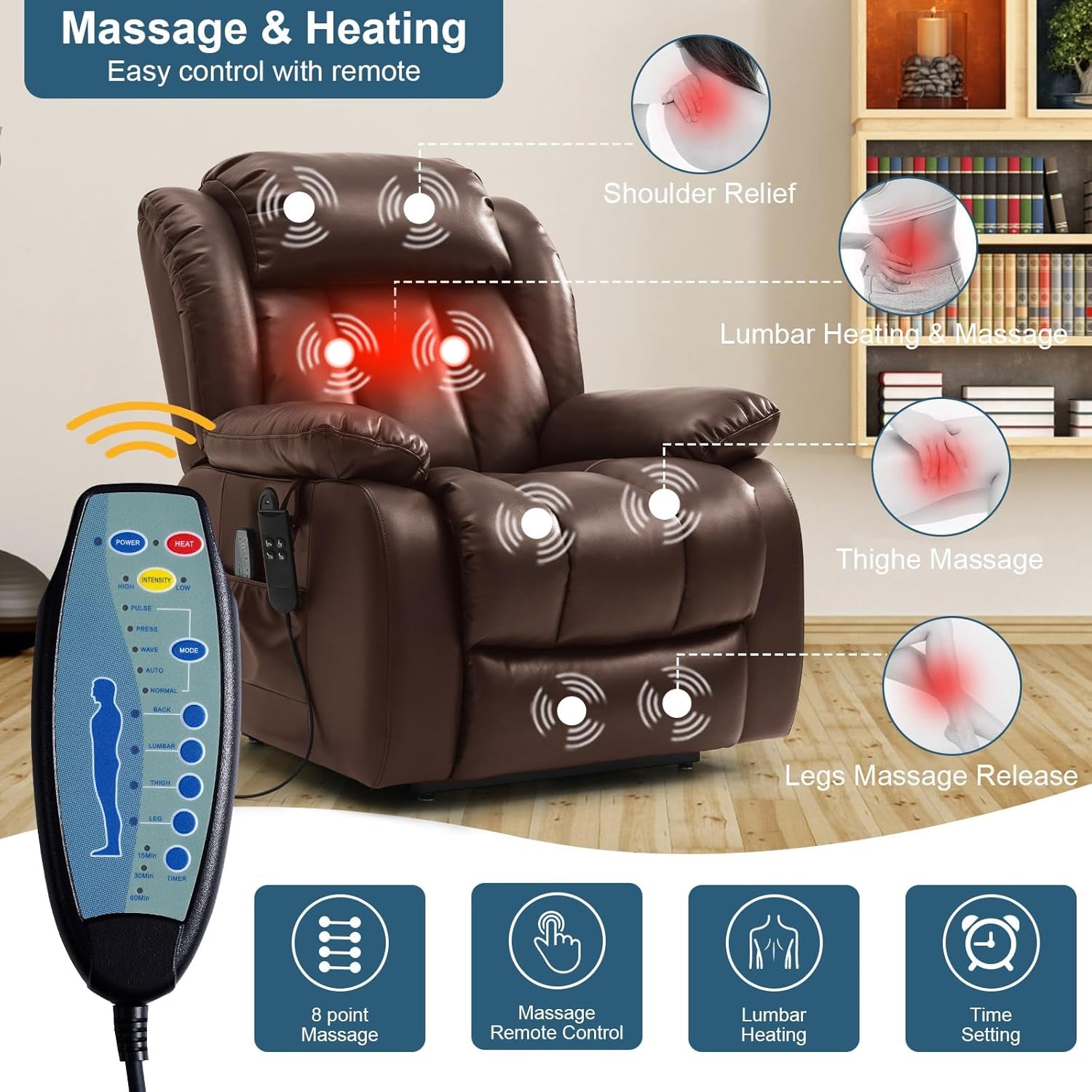 Dual Motor Power Lift Recliner Chair for Elderly, Infinite Position Lay Flat Lift Chair with Massage and Heat, USB Ports, Leather (Brown)