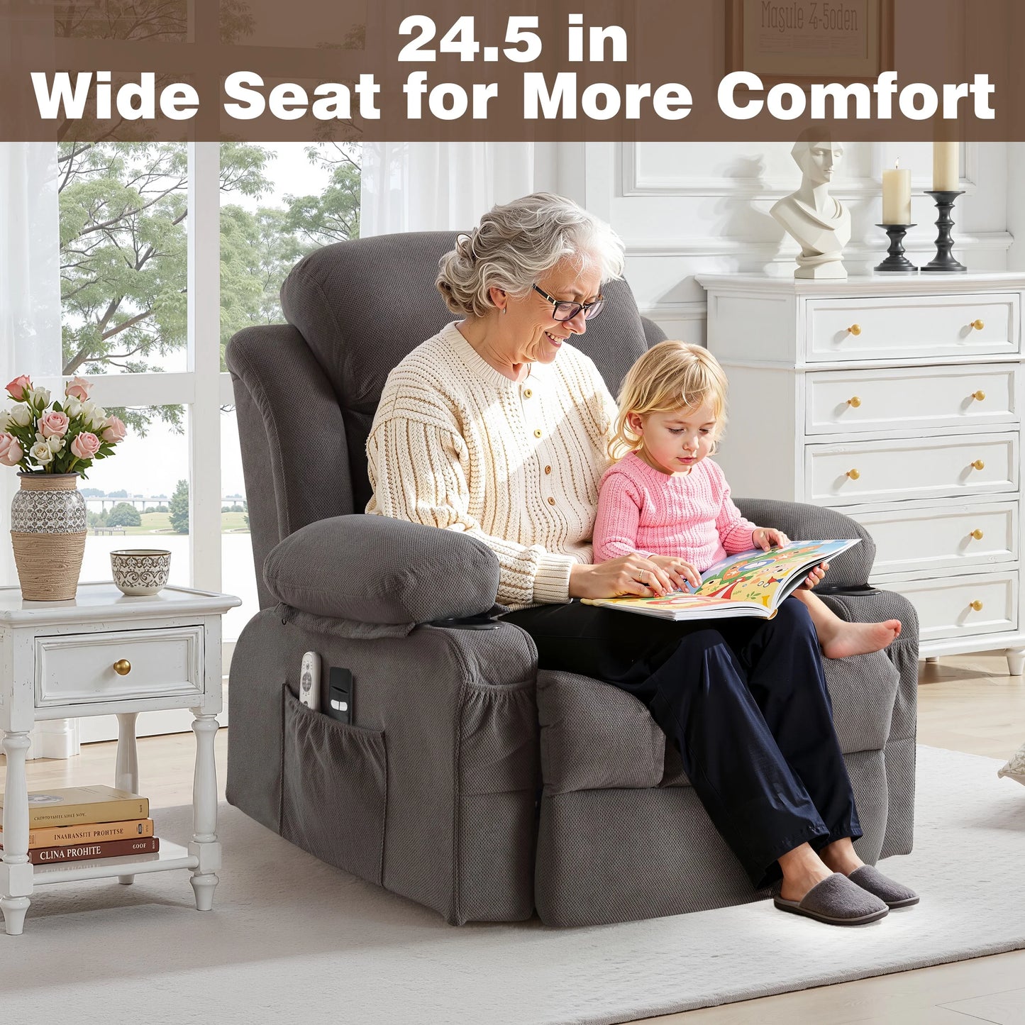 Lift Chair for Elderly, Power Lift Recliner Chair with Heat and Massage, 24.5" Oversized Massage Recliner for Living Room with Remote Control, Cup Holders, Easy Stand, 350Lbs Capacity, Gray