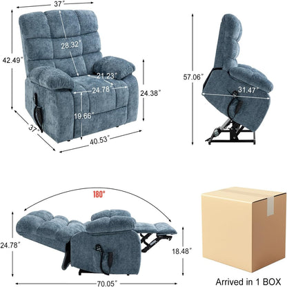 Oversized Power Lift Recliner Chair for Elderly, Dual Motor Lay Flat Recliner Big Chair with Massage and Heating, Chenille Electric Recliner Chairs for Living Room, Medium-Firm, Blue