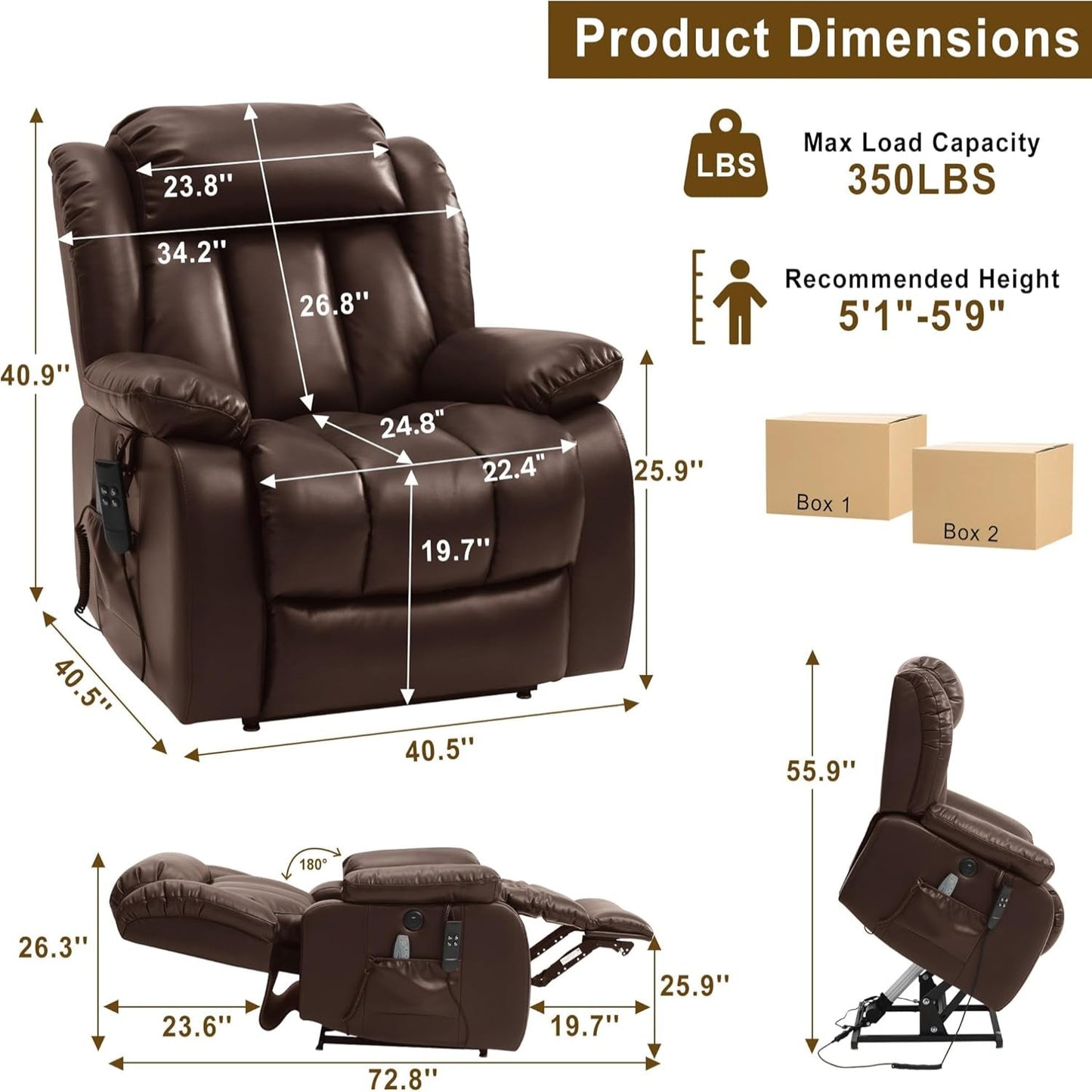 Dual Motor Power Lift Recliner Chair for Elderly, Infinite Position Lay Flat Lift Chair with Massage and Heat, USB Ports, Leather (Brown)