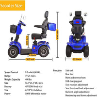 Secure Foldable 4-Wheel Mobility Scooter with Charger & USB Ports, Blue, 350 Lb Limit