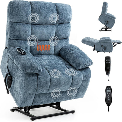 Oversized Power Lift Recliner Chair for Elderly, Dual Motor Lay Flat Recliner Big Chair with Massage and Heating, Chenille Electric Recliner Chairs for Living Room, Medium-Firm, Blue