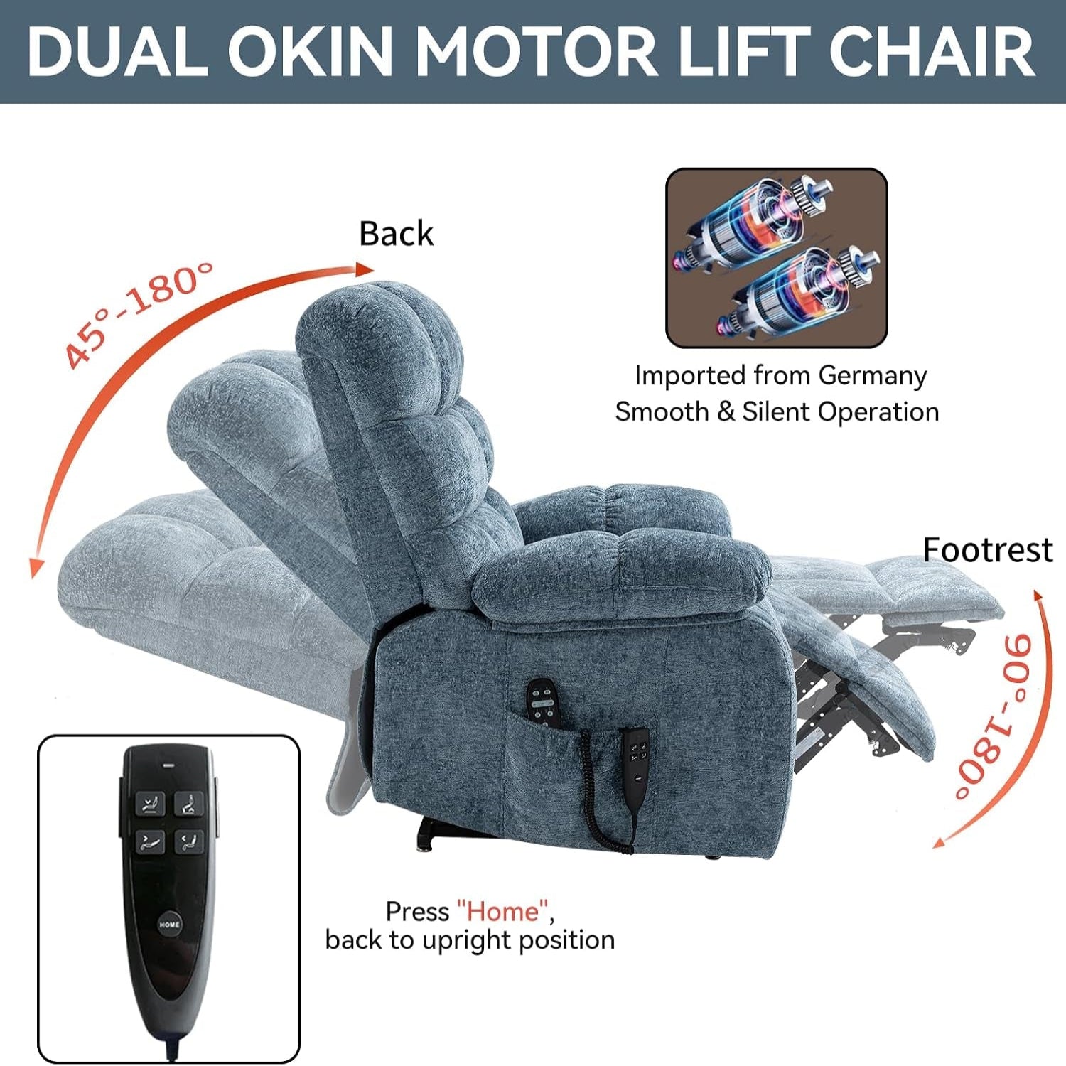 Oversized Power Lift Recliner Chair for Elderly, Dual Motor Lay Flat Recliner Big Chair with Massage and Heating, Chenille Electric Recliner Chairs for Living Room, Medium-Firm, Blue